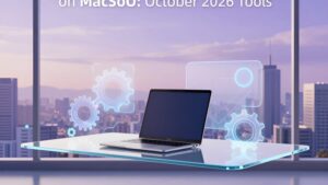 Футуристичное рабочее пространство с MacBook для повышения продуктивности разработчика на macOS