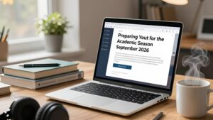 Рабочее место студента с ноутбуком и учебниками для подготовки MacBook к учебному сезону